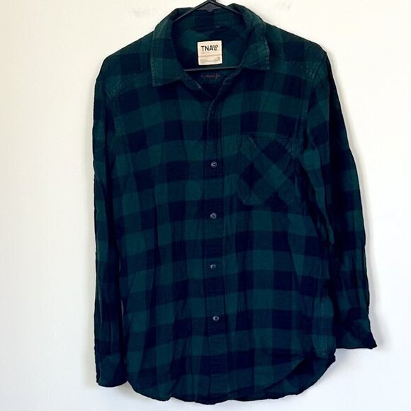 TNA Aritzia Green Black Plaid Flannel Button Down - Size: Small - Picture 1 of 6